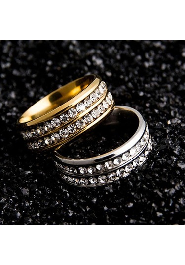 Altın Bayan Erkek Moda Çift Sıralı Rhinestones Titanyum Çelik Düğün Takı Yüzük 8 Altın