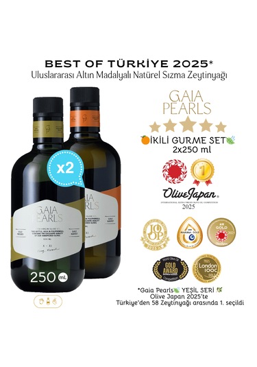 Gaia Pearls İkili Gurme Set 250 Ml X2 Avrupa Birliği Coğrafi İşaretli Milas Memecik Erken Hasat Soğuk Sıkım Zeytinyağı