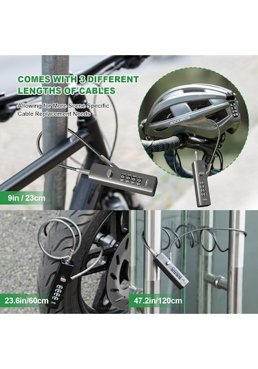 Ranyeek 4 Haneli Yeniden Konfigüre Edilebilir Kilitli, Çelik Gövde, 3 Farklı Uzunlukta Kablolu, Bisiklet-elektrikli Araba-kask-valiz Güvenliği İçin Kayar Kordon Kilit, Silah Rengi Gri