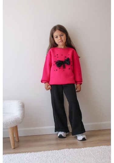 Kız Çocuk Siyah 2 Li Takım Kırmızı Organze Gül Detaylı Sweatshirt & Rahat Eşofman Takım Çingene Pembe Kız Çocuk Siyah 2 Li Takım Kırmızı Organze Gül Detaylı Sweatshirt & Rahat Eşofman Takım Çingene Pembe