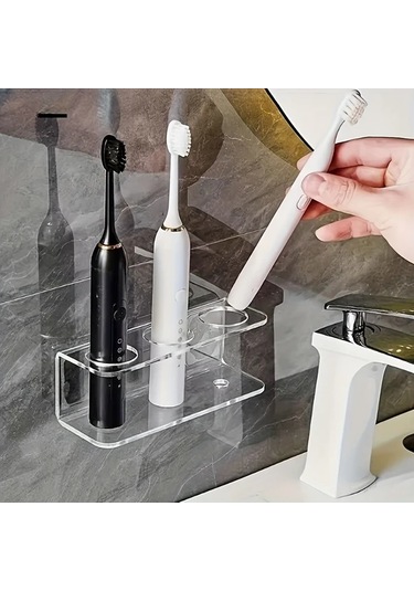 Lumaworld 2/3 Yuvalı Modern Duvar Askılı Diş Fırçası Tutucu - Transparan 2 Delikli, Delme Montaj Şeffaf