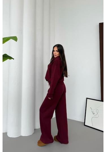 Mezka Kadın Çift Fermuar Detaylı Kapüşonlu Kışlık Şardonlu Oversize Eşofman Takımı Bordo