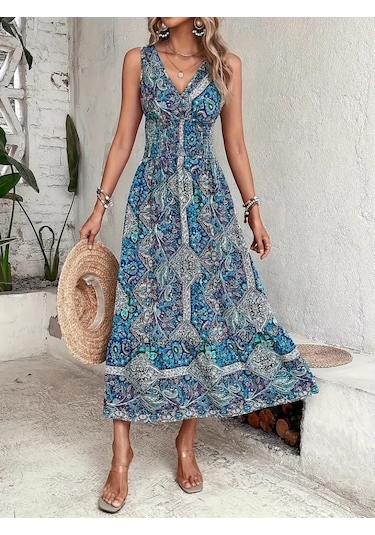 Kadın Beli Gipeli Etnik Desen Sıfır Kol Süprem Elbise Mavi