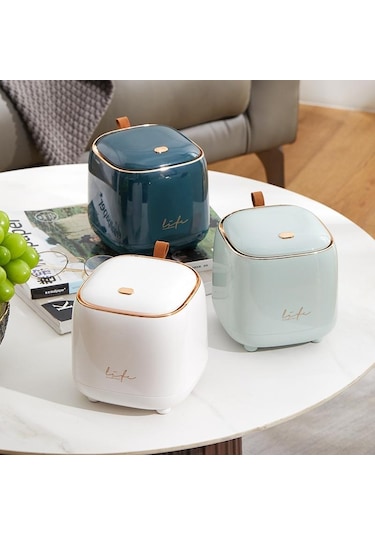 Koyu Yeşil Kapaklı Mini Masaüstü Çöp Sepeti, Küçük Ofis Tezgahı Çöp Kovası, Minik Plastik Çöp Kutusu, Beyaz, Yeşil Koyu Yeşil