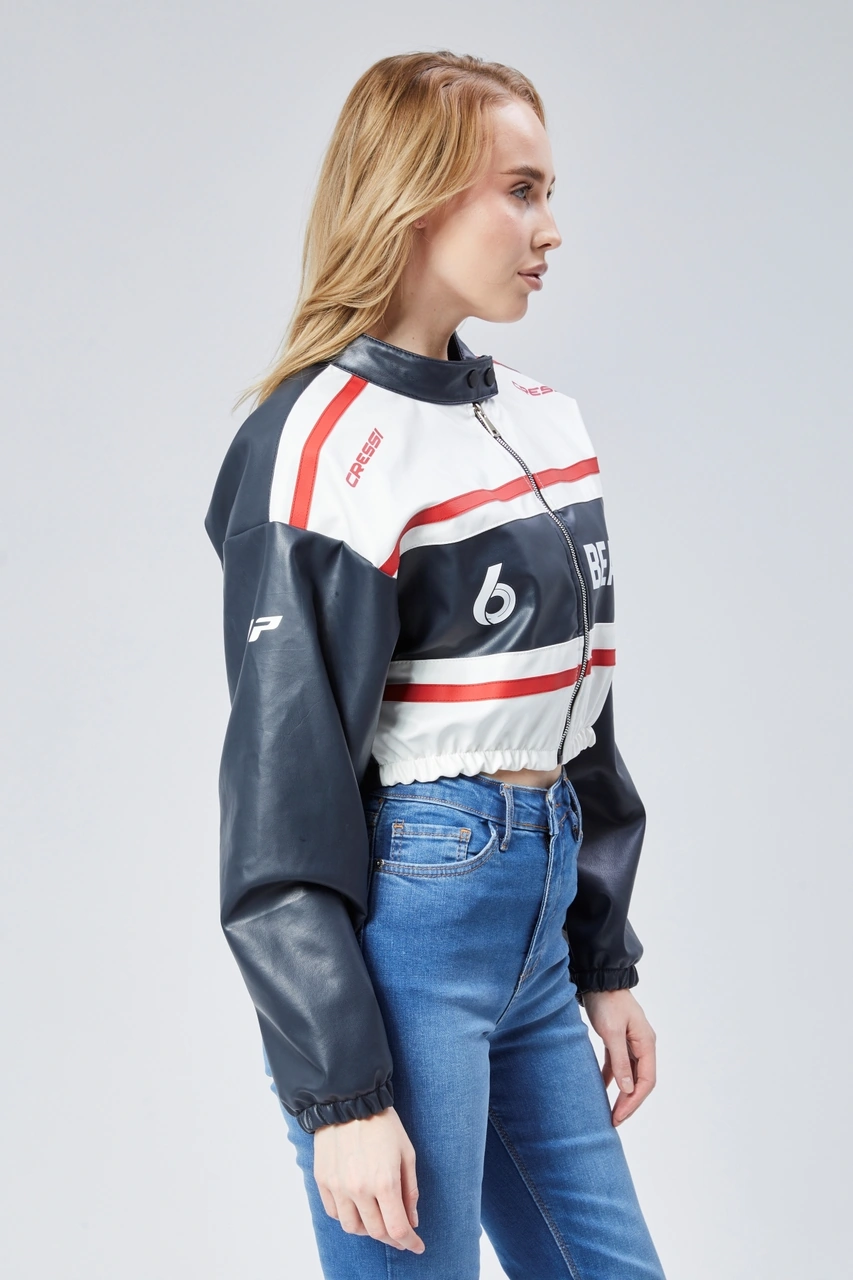 Kadın Deri Baskılı Şeritli Ceket Beli Ve Kolu Lastikli Kolej Hakim Yaka Bomber Yarışçı Motorcu Mont Lacivert