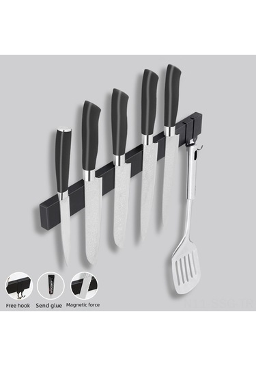 Springsun Duvar Takılan Manyetik Bıçak Rafı, Delme Yok Kurulum, Çift Taraflı Mıknatıs, 3 Kanca Ve Kayma Önleyici Pad İle Sıcaklık Dayanıklı, Siyah Standart Model 40-500 Mm