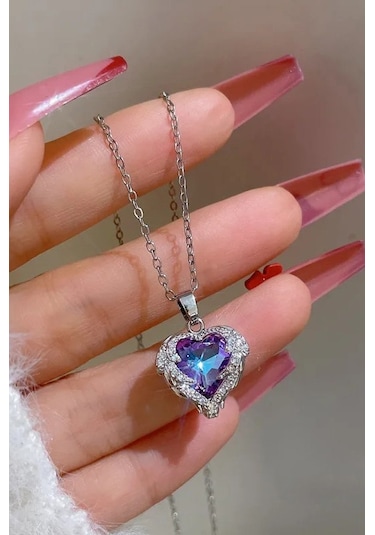 Takı Dükkanı Gümüş Renk Okyanusun Kalbi Kalpli Mor Taşlı Kadın Çelik Kolye Eck51 Gümüş