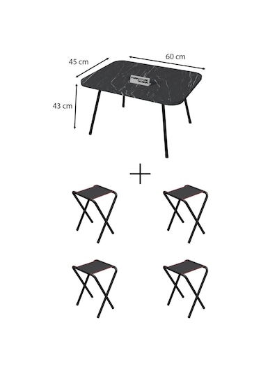 4 Adet Katlanır Kamp Taburesi Ve Katlanır Kamp Masası Seti 45x60 Siyah