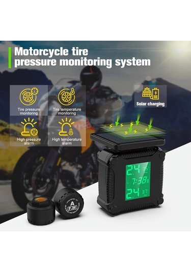 Xuweiwei Ynf Siyah Motosiklet Lastik Basınç İzleme Sistemi Lcd Ekranlı Ip67 Kablosuz Güneş Şarj Otomatik Alarm Algılama Motosiklet Aksesuarı