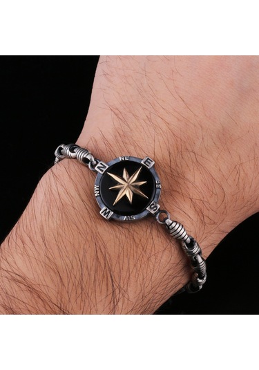 Fkgümüş 925 Ayar Gümüş Oniks Taşlı Pusula Erkek Bilekik Gümüş