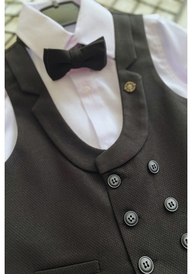 Katlama Detay Yelekli Rozetli Çocuk Takım Elbise Siyah