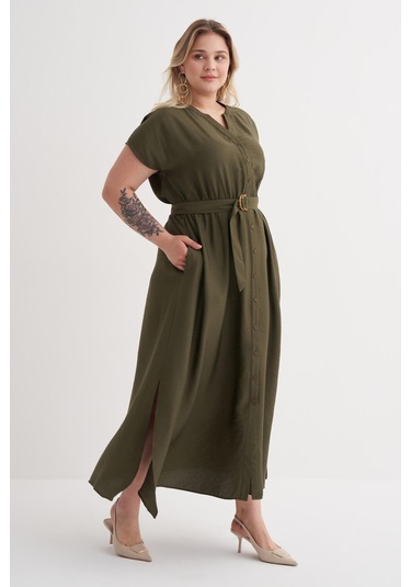 Beli Lastikli Cepli Kemer Detaylı Elbise-6230 Haki