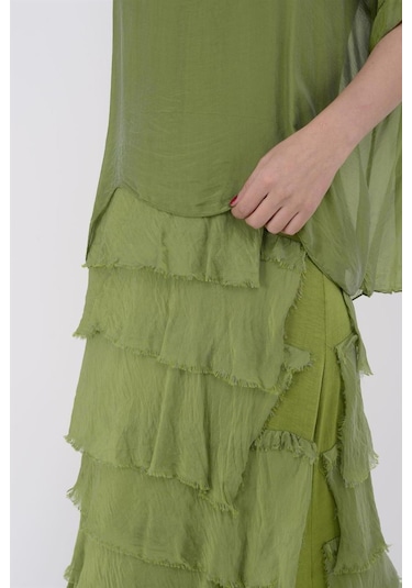 İtalyan 2 Beden İnce Gösteren Yarım Kol Kat Kat Ipek Elbise Fıstık Yeşili