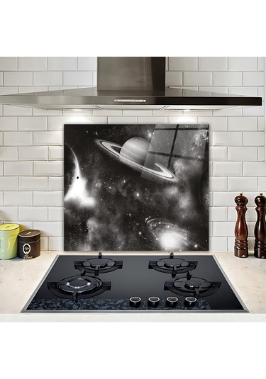 Decorita Cam Ocak Arkası Koruyucu Galaksi Desen Siyah Beyaz Fon 49.5 x 76 CM