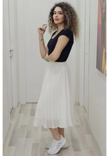 Beli Lastikli Pliseli Etek 6018-beyaz Beyaz