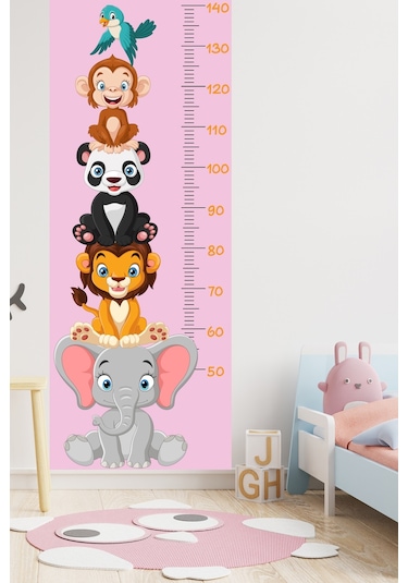 Sevimli Safari Hayvanları Boy Ölçüm Cetveli Boy Ölçer Sticker Pembe