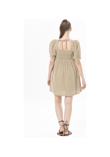 Kısa Kol Lara Kare Yaka Bağlama Detaylı Yazlık Müslin Elbise Vizon Vzn-vizon Vizon