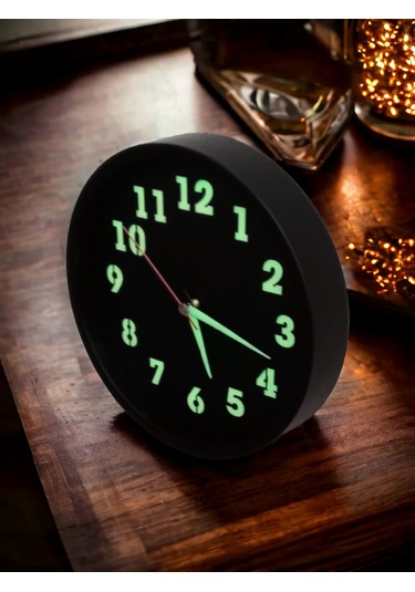 Fosforlu Gece Görünen Parlayan Siyah Duvar Saati Çap 22 Cm Camsız Siyah