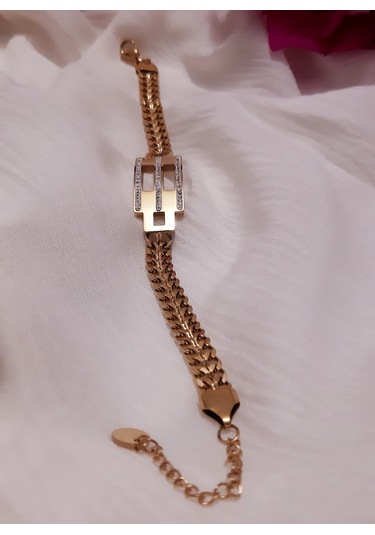 Giftworld Çelik Taşlı Bileklik / Gold Kalın Zincir Altın