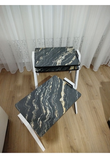 Zigon Sehpa 3'lü Mermer Desenli Tepsi Model Siyah-sarı Mermer Anrasit Ayak Siyah Sarı Mermer