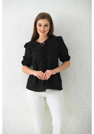 Kadın Bisiklet Yaka Balon Kol Nakış Detylı Volanlı Dokuma Yazlık Bluz Siyah