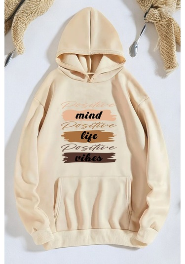 Mind Life Vibes Baskılı Oversize Sweatshirt Bej