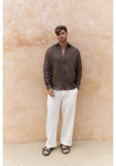 Fyfaha Bol Paça Erkek Ekru Keten Pantolon Ekru