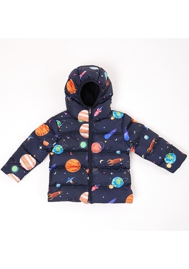 Kız Çocuk Polarlı Kapüşonlu Gezegen Yıldız Desenli Kışlık Şişme Mont & Kaban & Parka Lacivert