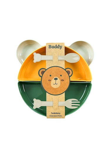 Tucklebery Buddy Ayıcık Mama Tabağı Seti – Yeşil, Sarı, Bej | Çatal-Kaşık + 5 Bölmeli, Eğlenceli & BPA İçermez, Güvenli Mama Tabağ