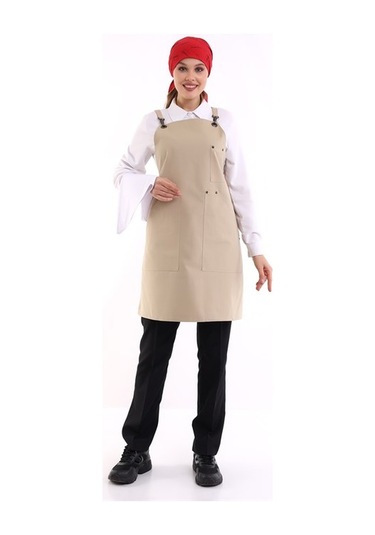 Barista Kanguru Cepli Bej Askılı Önlük-Standart-Tek Parça