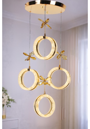 4'lü Alyans Gold 3 Renk Modlu Kristal Taşlı Ledli Avize Altın
