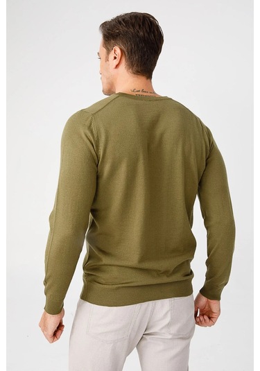 Desen Triko Erkek Basic V Yaka İnce Triko Kazak 02421602 Haki Haki