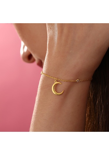 Queen Silver Jewelry 925 Ayar Gümüş Hilal Obje Zirkon Taş Sallantılı Bileklikdfc Altın