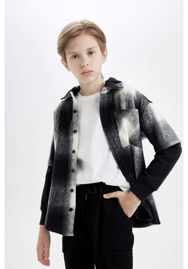 DeFacto Erkek Çocuk Oversize Geniş Kalıp Kapüşonlu Flanel Uzun Kollu Gömlek C7510A824WNAR213