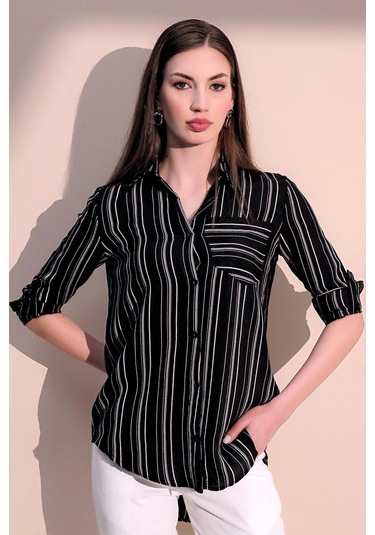 Kadın Siyah Uzun Kol Özel Kumaş Tek Cep Gömlek Dik Çizgili Arkası Uzun Basic Kesim Gömlek Siyah