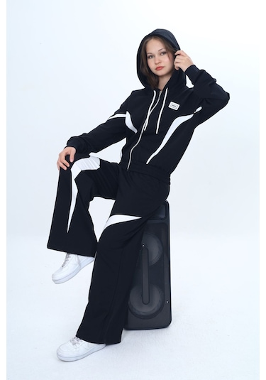 Kız Çocuk %100 Pamuk Garnili Kapüşonlu Fermuarlı Oversize Alt&üst Trend Eşofman Takımı-315-eşt-0003 Siyah