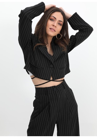 Ceket Kısa Vatkalı Fleto Cepli Çizgili - Siyah-siyah Siyah