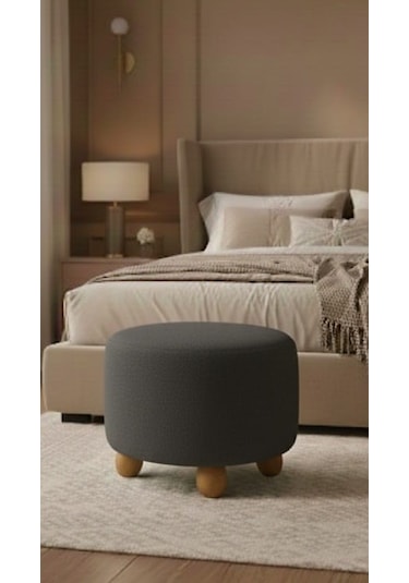 Polo Peluş 45 X 45 Cm Doğal Gürgen Topuz Ayaklı Çok Amaçlı Puf Koltuk Koyu Gri