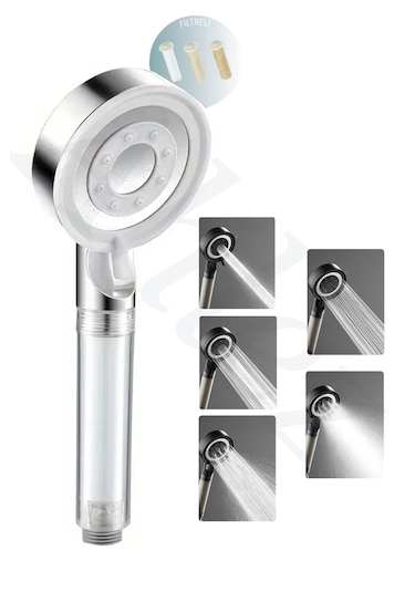 Ahlez Filtreli 5 Fonksiyonlu Çelik Su Tasarruflu Duş Başlığı Krom Beyaz