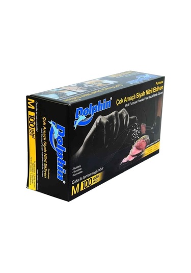 Dolphin Tek Kullanımlık Lateks Siyah Pudrasız Nitril Muayne Eldiveni Meidum - 100'lü 20 Paket