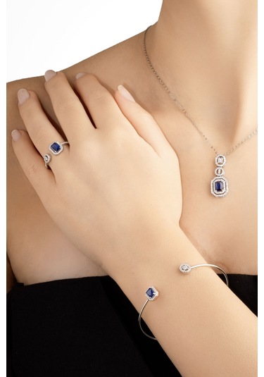 Safir Masalı 18 Ayar Beyaz Altın Kaplama 43 Cm Gümüş Baget Kolye