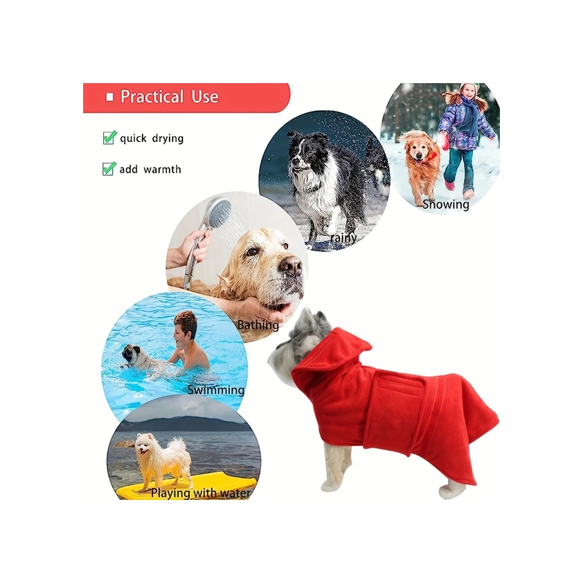 Elmpaly Kırmızı S Hızlı Kuruyan Süper Emici Köpek Bornozu - Ayarlanabilir Yün Kumaş Havlu