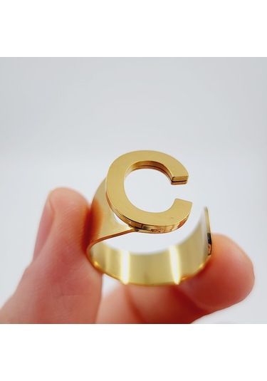 Çelik Gold Düz Kesim Harf Yüzük -c Harfi- Ayarlı Ölçü-1890 Altın