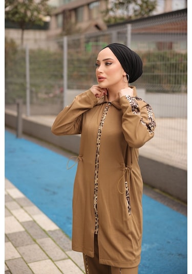 Tesettür Eşofman Takımı Fermuarlı Ikili - Tunik Pantolon Kahverengi 474 Kahverengi