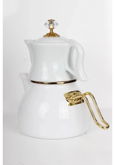 Nishev Dufy Serisi Porselen Demlikli Emaye Çaydanlık Takımı - Beyaz