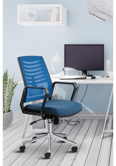 Asbir Mobilya Metis Metal Ayaklı Çalışma Koltuğu Ofis Sandalyesi Mavi Gri
