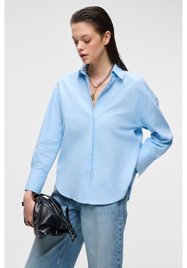VESTA Kadın %100 Pamuk Keten Görünümlü Flamlı Oversize Mavi Gömlek