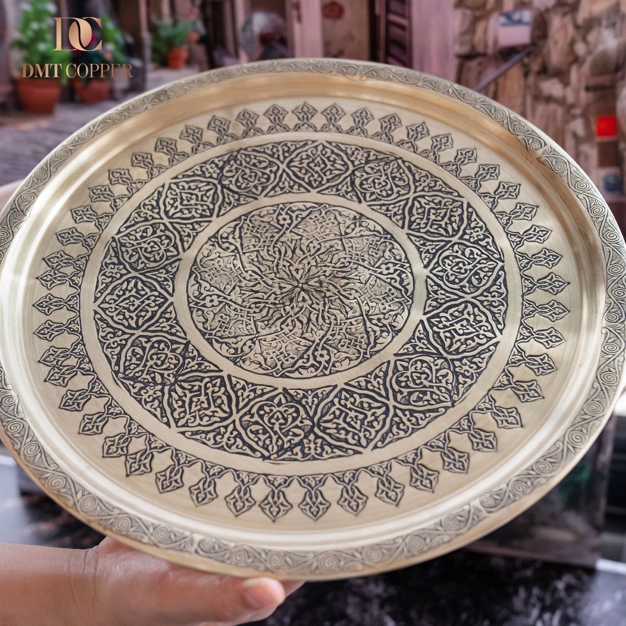 Dmt Gaziantep Sarı Bakır 35 Cm Osmanlı El İşi Sunum Gold Tepsi Kına Tepsisi 35 Cm Sarı