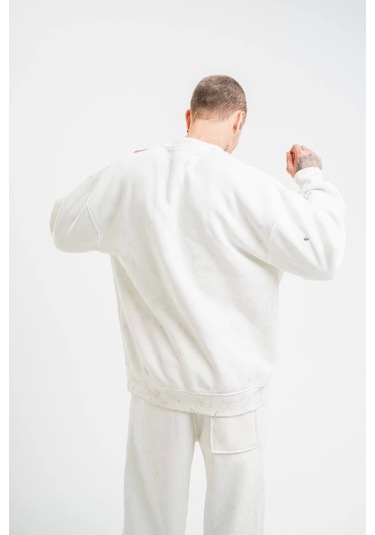 Unisex Uzun Kol Bisiklet Yaka Yıkamalı Sweatshirt - Beyaz Beyaz