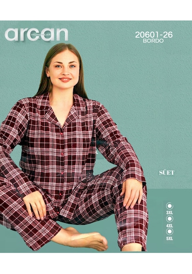 Arcan Battal Süet Düğmeli Uzunkol Pijama Takımı Bordo